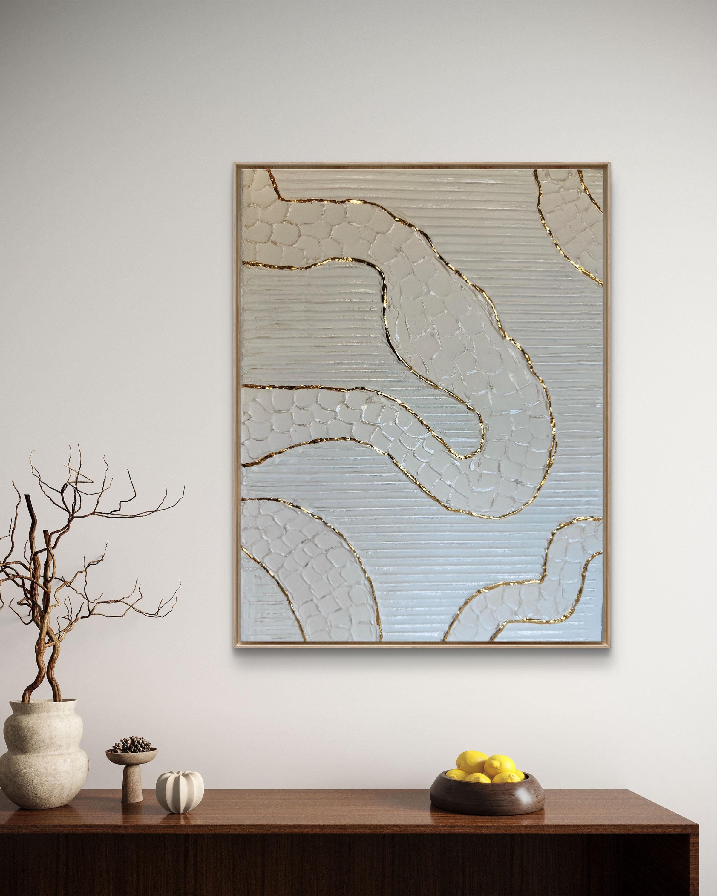 Tableau décoratif blanc or relief artisanal texture fait main 30x40cm