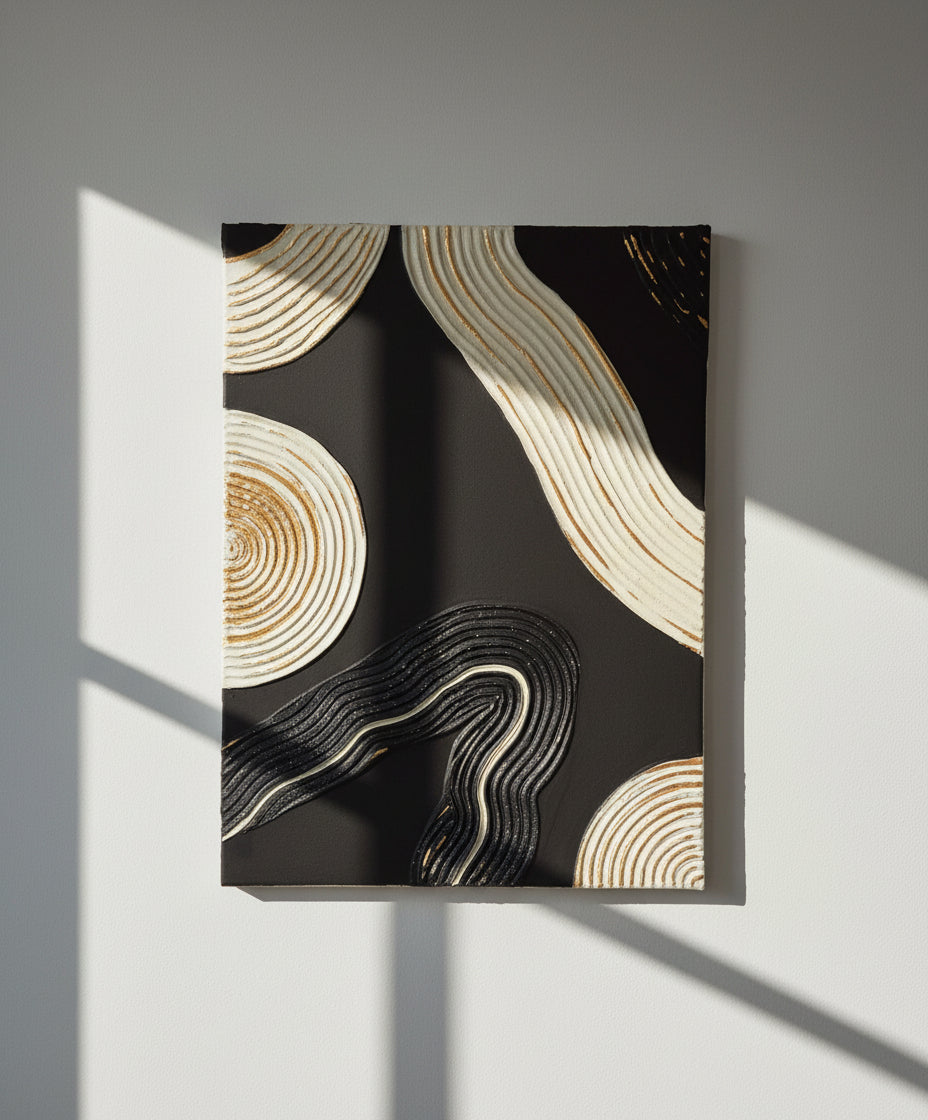 Tableau noir doré relief artisanal 30x40cm texture fait main France LOEV