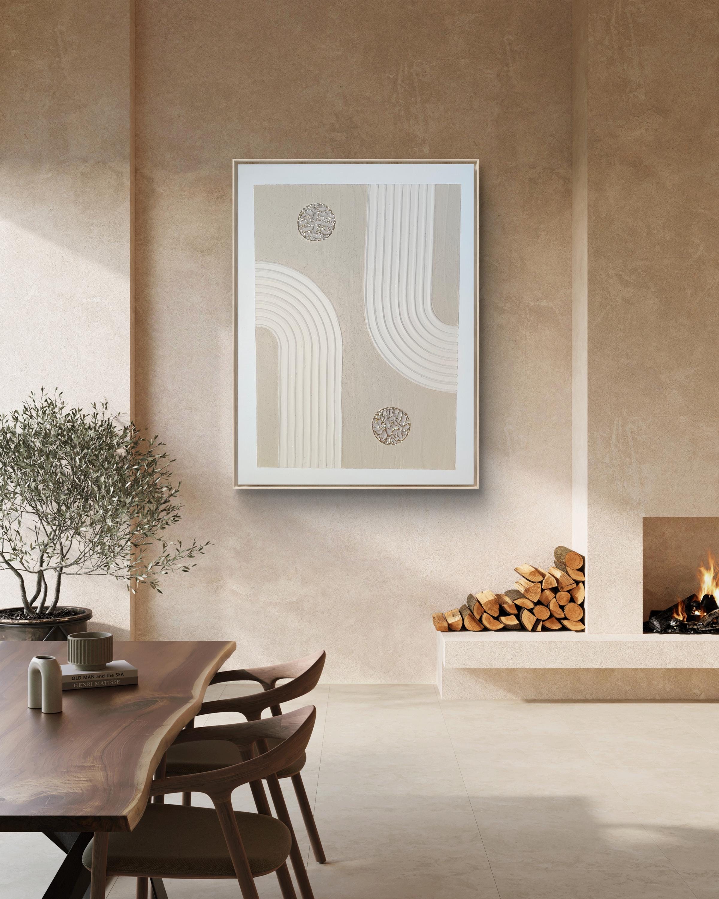 Tableau texturé beige doré arches relief 30x40 cm - vue détail matière et feuille d'or - art mural LOEV DECO
