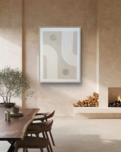 Tableau texturé beige doré arches relief 30x40 cm - vue détail matière et feuille d'or - art mural LOEV DECO
