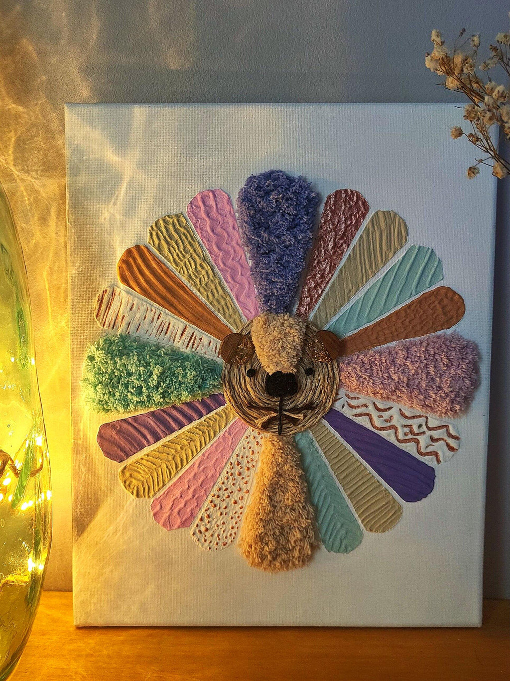 Tableau lion relief textures multicolores fait main