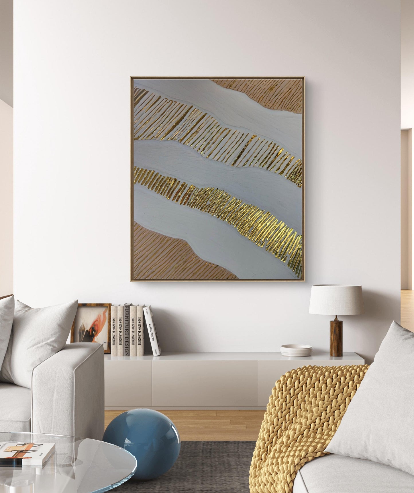 Tableau relief blanc beige doré texture organique 40x50cm art mural encadré premium
