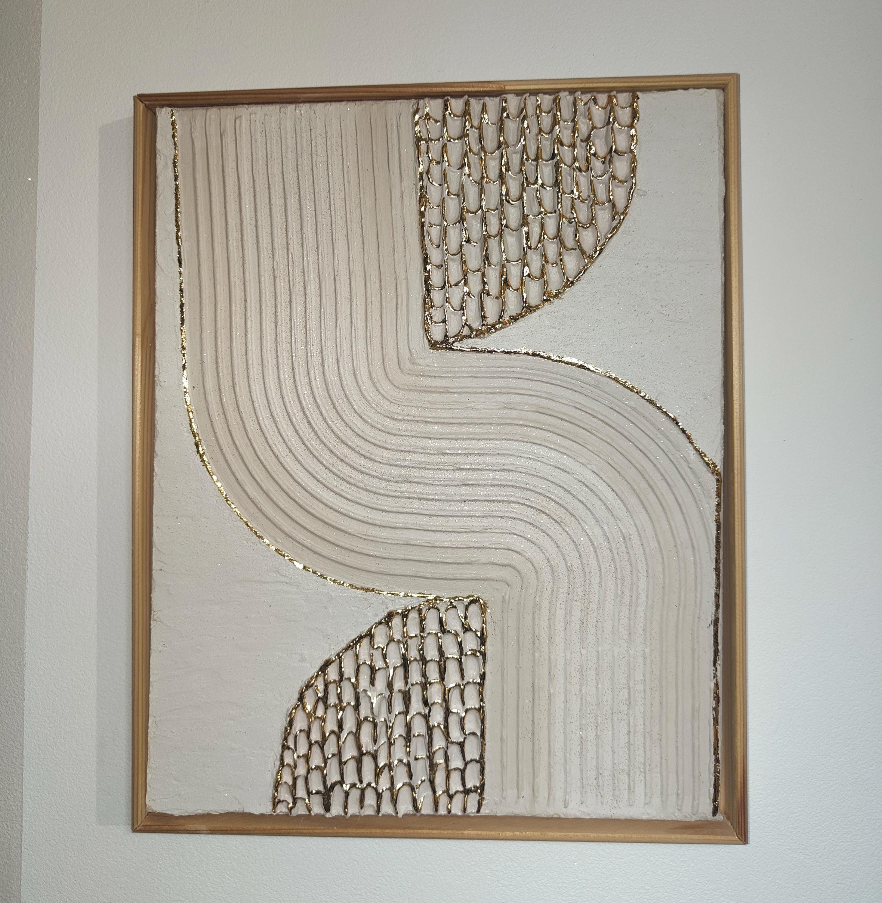 Art mural texturé arche beige doré relief minimaliste 24x30cm encadré France