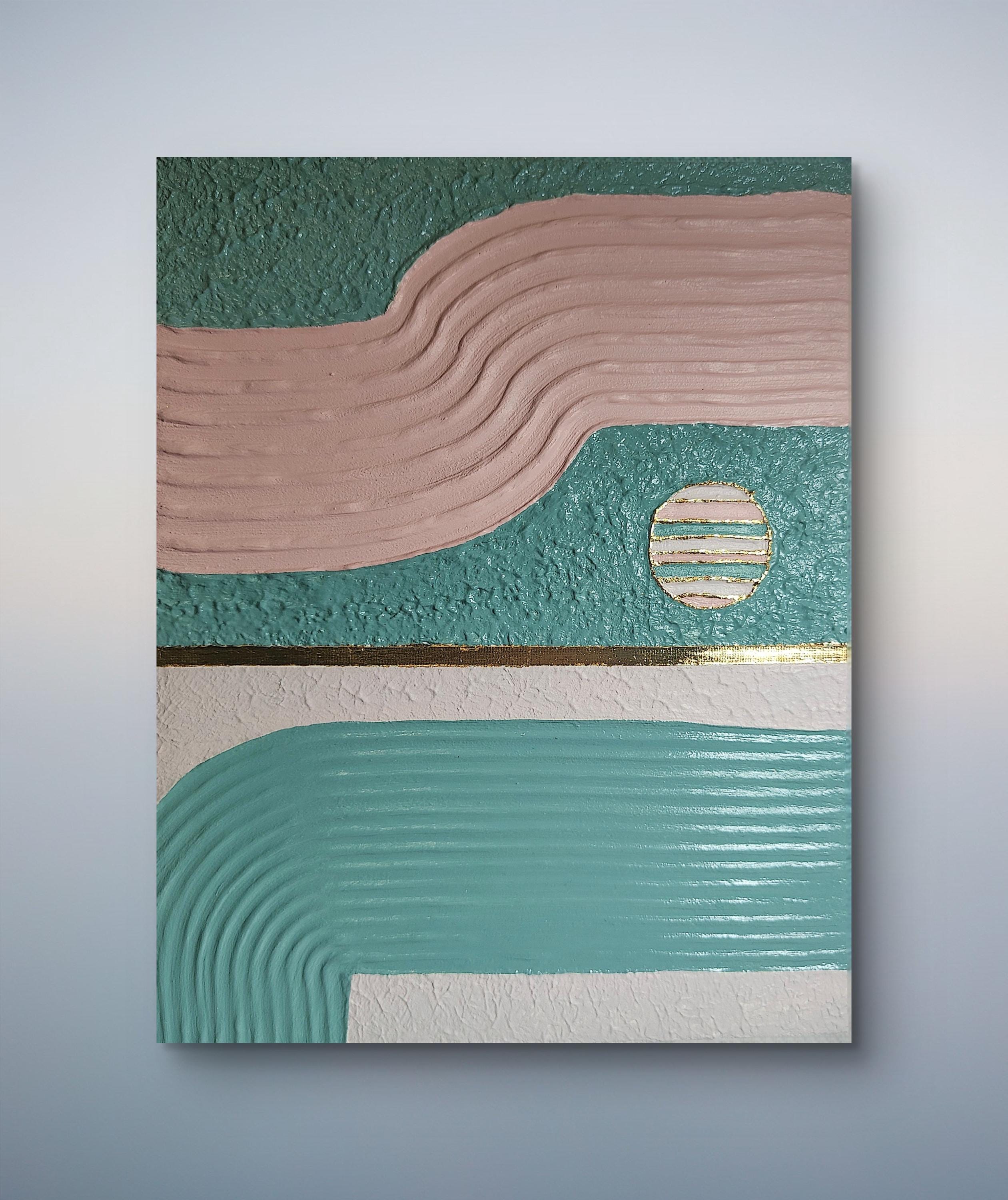 Tableau texturé vert rose or arches relief artisanal 24x29cm encadré fait main LOEV DECO