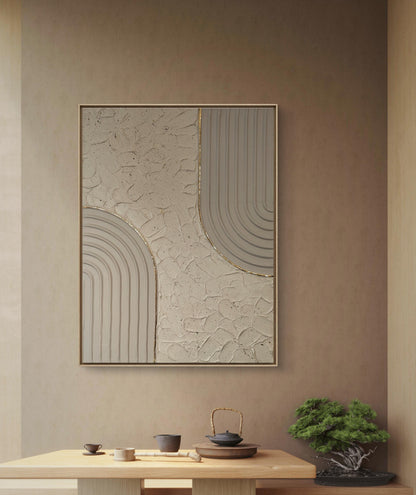 Peinture texturée beige or relief design 30x40cm cadre noir inclus LOEV