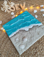 Peinture texturée plage relief turquoise beige 20x20cm cadre LOEV