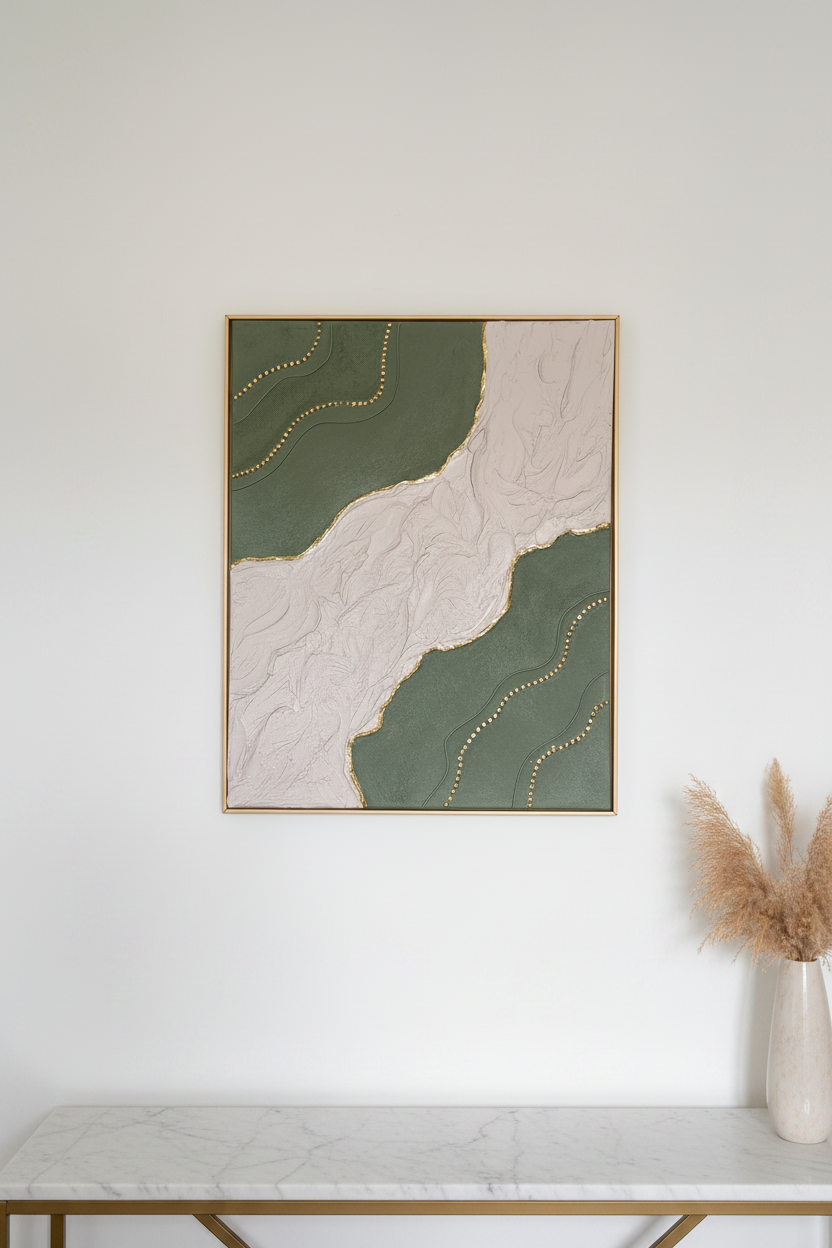 Tableau texturé vert kaki et beige, feuille d'or, 40x50 cm – LOEV DECO