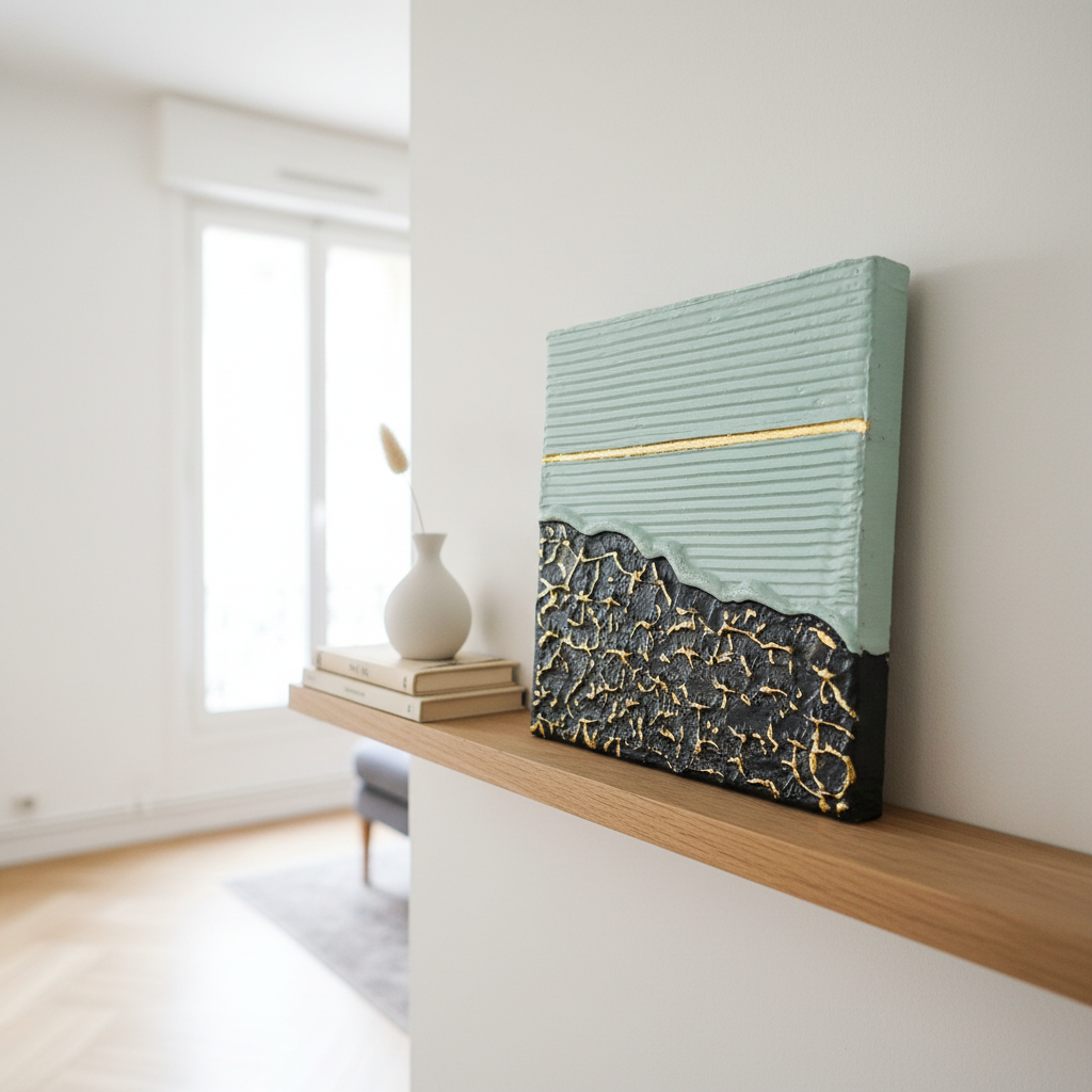 Toile Horizon posée sur étagère chêne appartement parisien lumineux — LOEV DECO