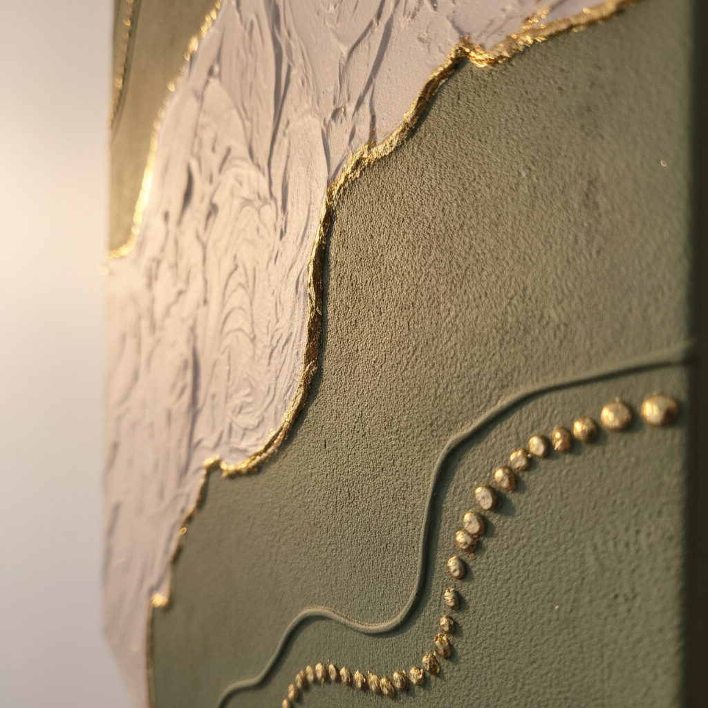 Gros plan feuille d'or sur tableau texturé artisanal – LOEV DECO