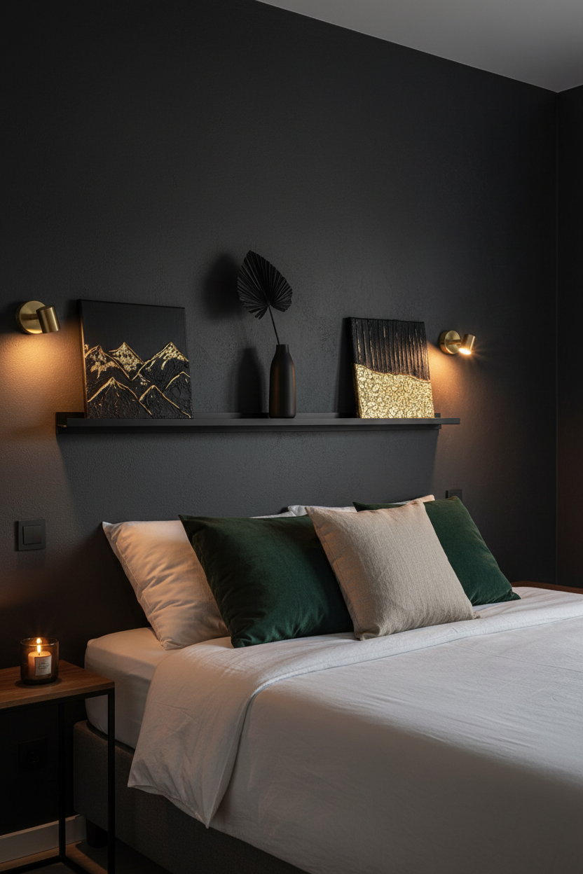 Mise en scène chambre luxe sombre