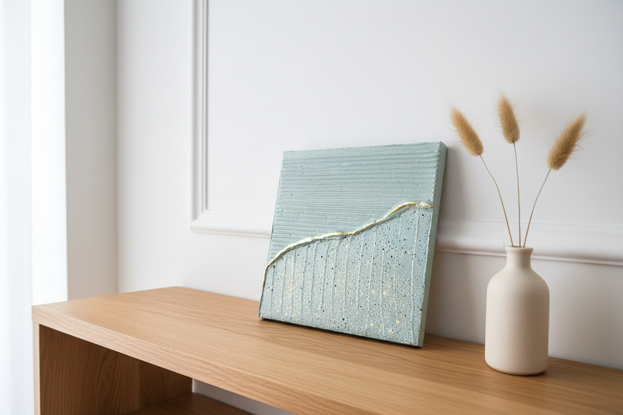 Toile Rivage céladon et relief dans un intérieur parisien lumineux — LOEV DECO
