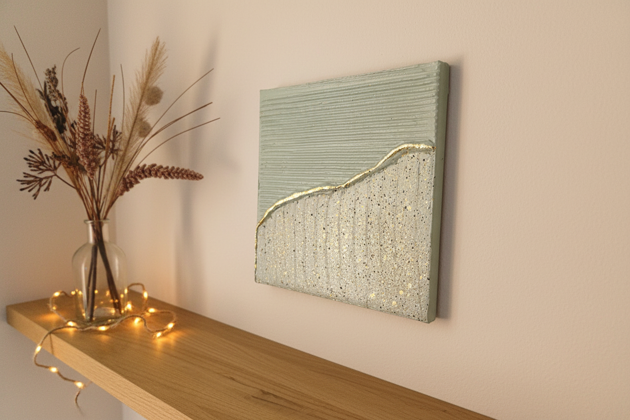 Vue de côté toile Rivage relief céladon et texture argentée — LOEV DECO