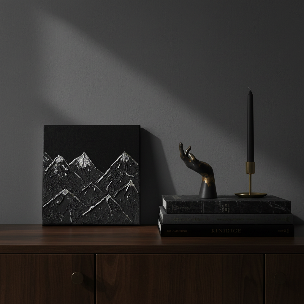 petite toile en relief, montagne chic noir et feuille d'argent, fait main en France art texture