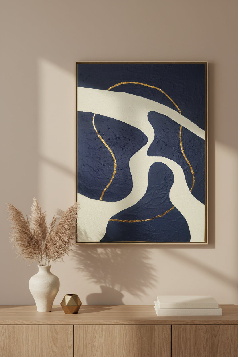 Décoration murale moderne bleu blanc or - Tableau texturé relief organique 30x40 cm fait main France - Art mural élégant cadre inclus LOEV DECO
