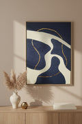 Décoration murale moderne bleu blanc or - Tableau texturé relief organique 30x40 cm fait main France - Art mural élégant cadre inclus LOEV DECO
