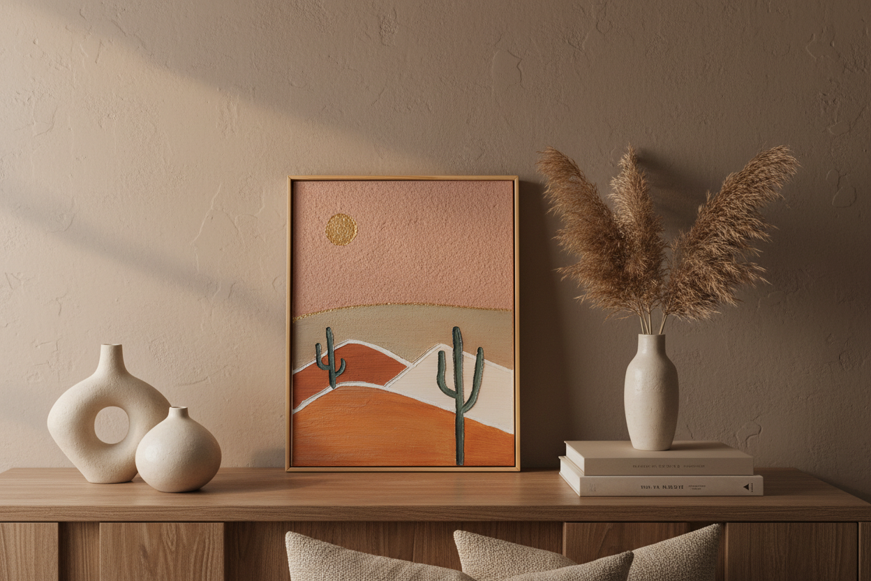 Tableau Désert aux Cactus 24x30cm - Toile Texturée Rose et Or - Cadre Inclus