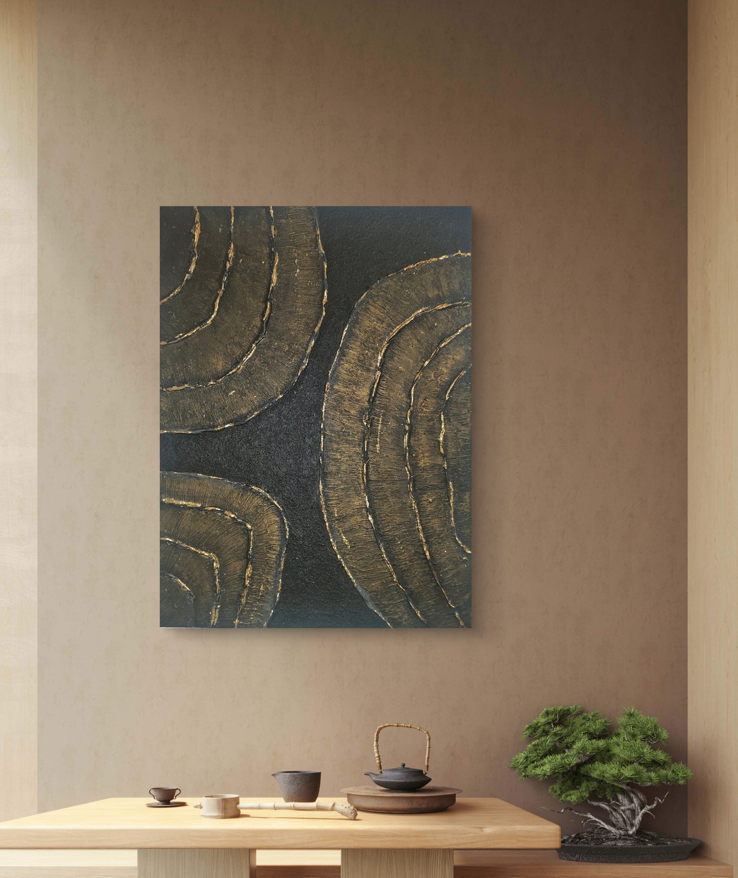 Art mural texturé noir or relief feuille d'or 30x40cm cadre inclus LOEV

