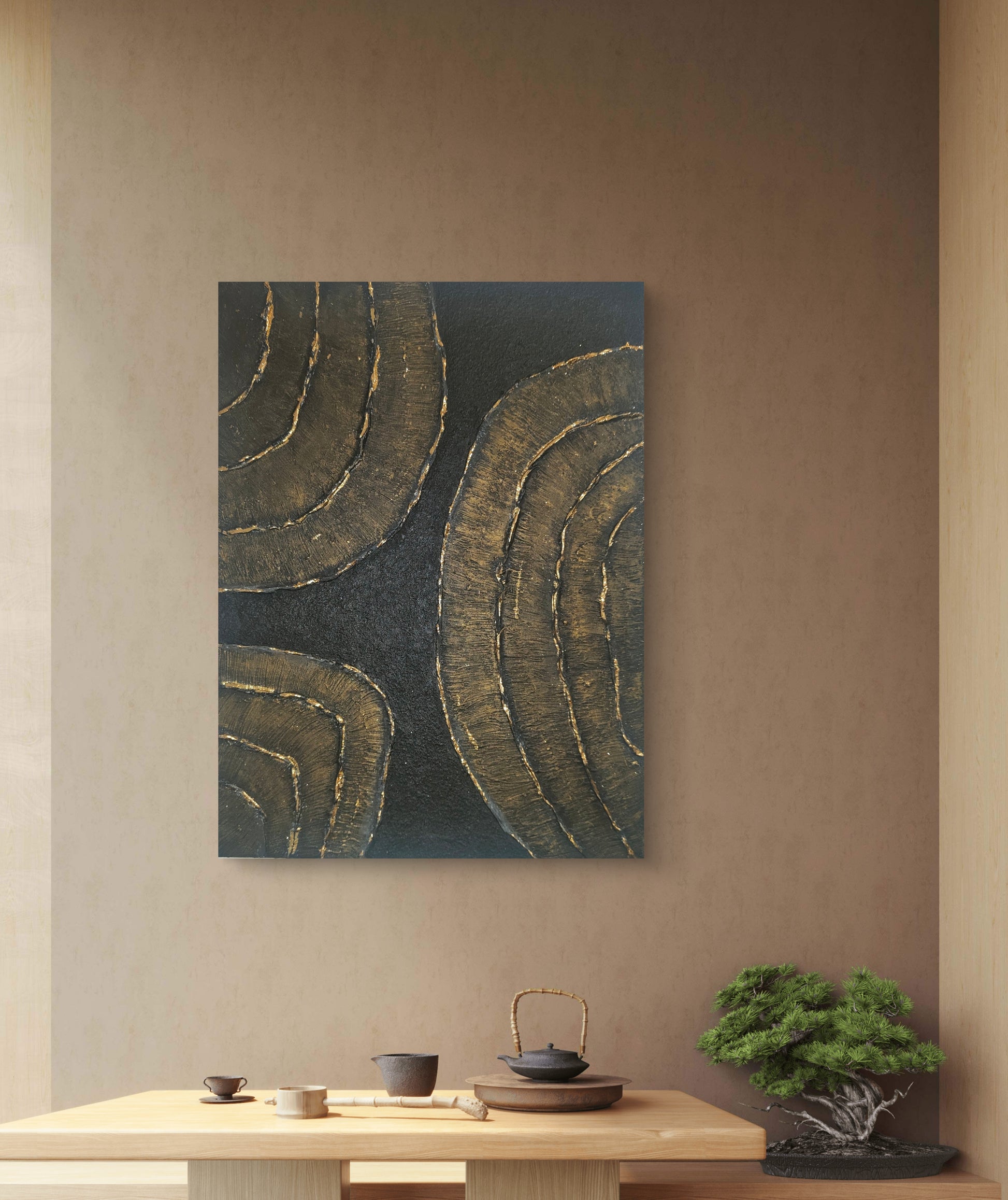 Art mural texturé noir or relief feuille d'or 30x40cm cadre inclus LOEV

