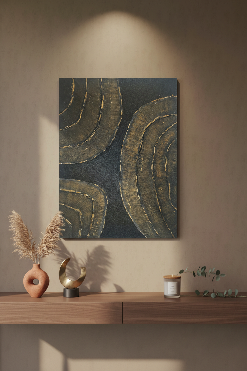 Tableau texturé noir or relief artisanal 30x40cm feuille d'or véritable cadre inclus fait main LOEV DECO
