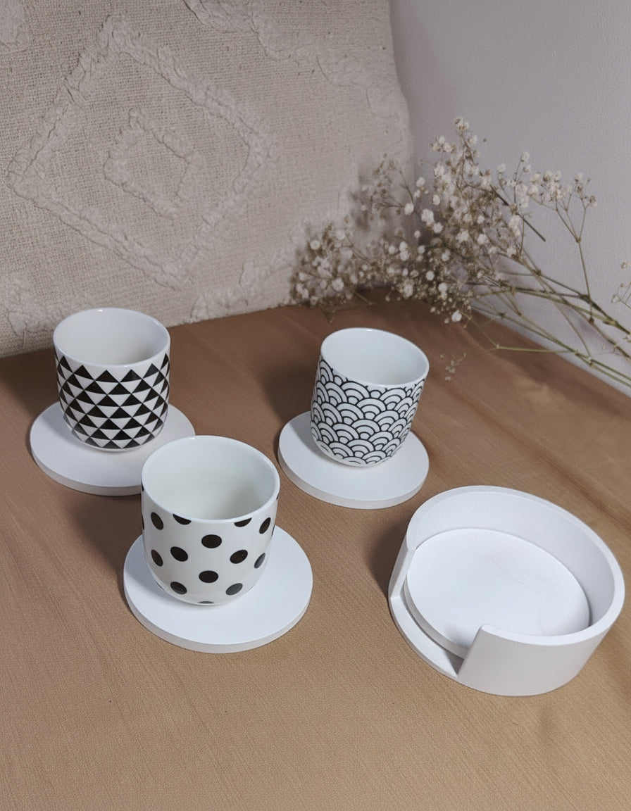 Ensemble Dessous de Verre Blanc avec Support - 4 Sous-Verres Céramique Rond
