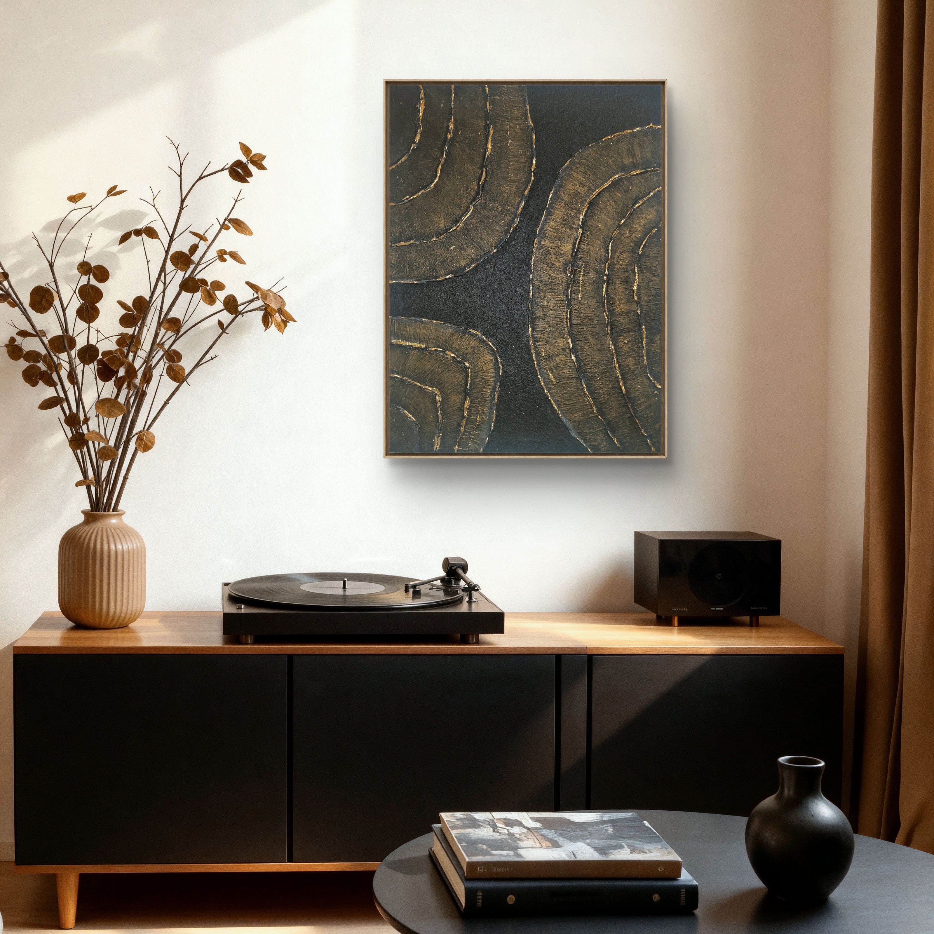 Peinture texturée noir or relief plâtre feuille d'or 30x40cm LOEV



