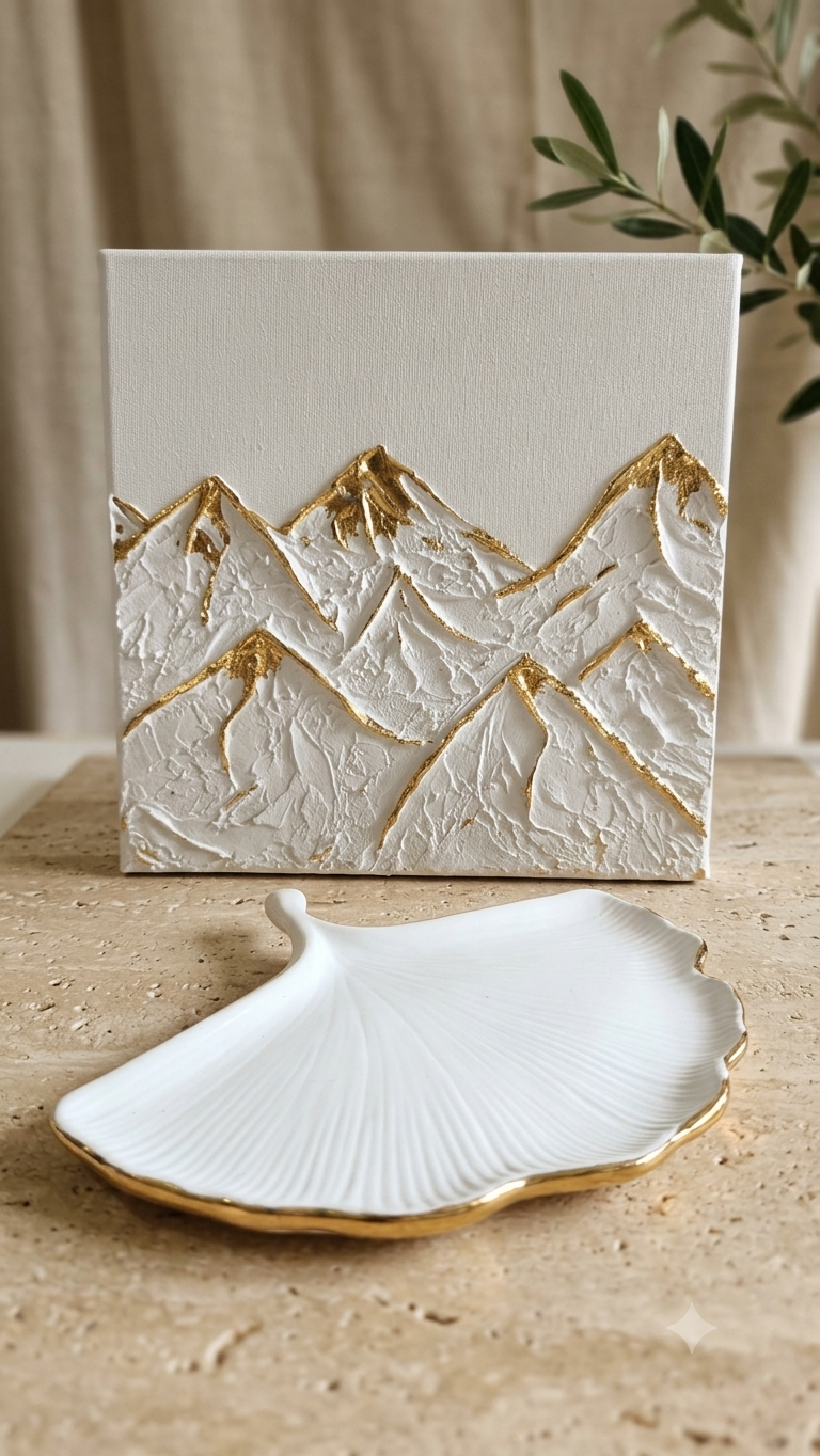 Cimes — Toile Texturée Originale montagne blanc et or, Faite Main 20x20 cm