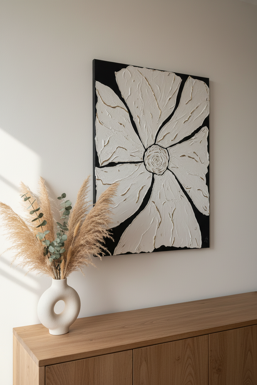 Tableau fleur relief texturé noir blanc or 80x60 cm - vue principale
