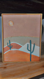 Tableau Désert aux Cactus 24x30cm - Toile Texturée Rose et Or - Cadre Inclus