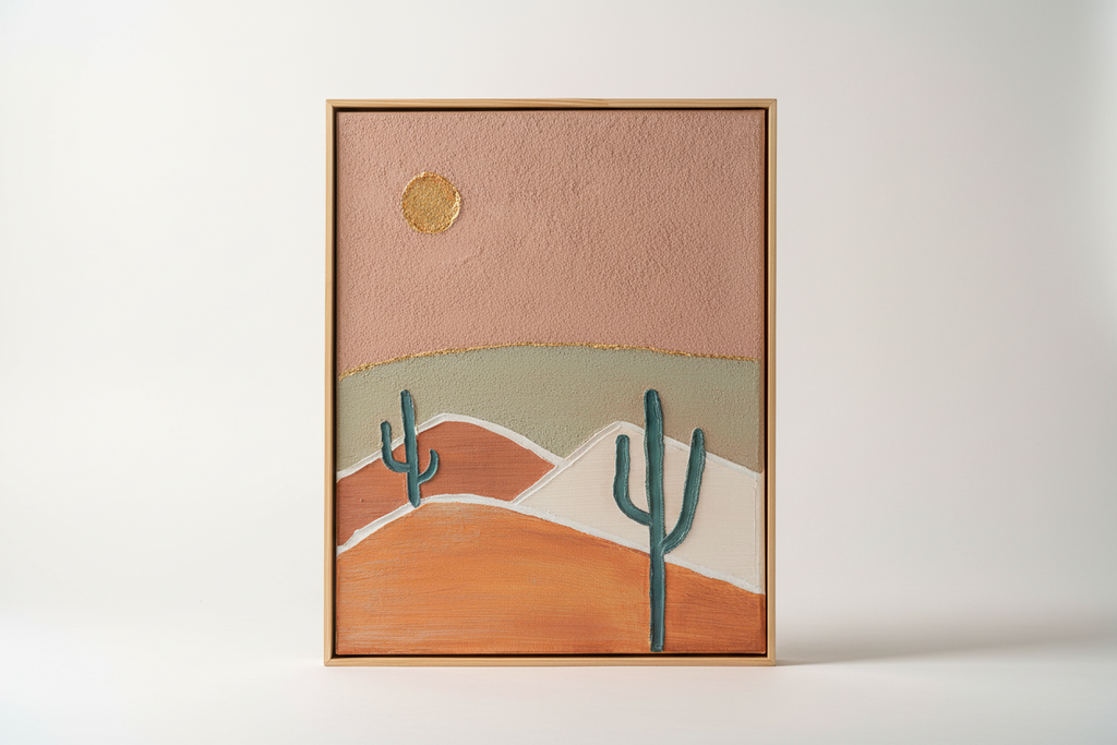 Tableau Désert aux Cactus 24x30cm - Toile Texturée Rose et Or - Cadre Inclus