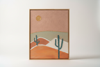 Tableau Désert aux Cactus 24x30cm - Toile Texturée Rose et Or - Cadre Inclus