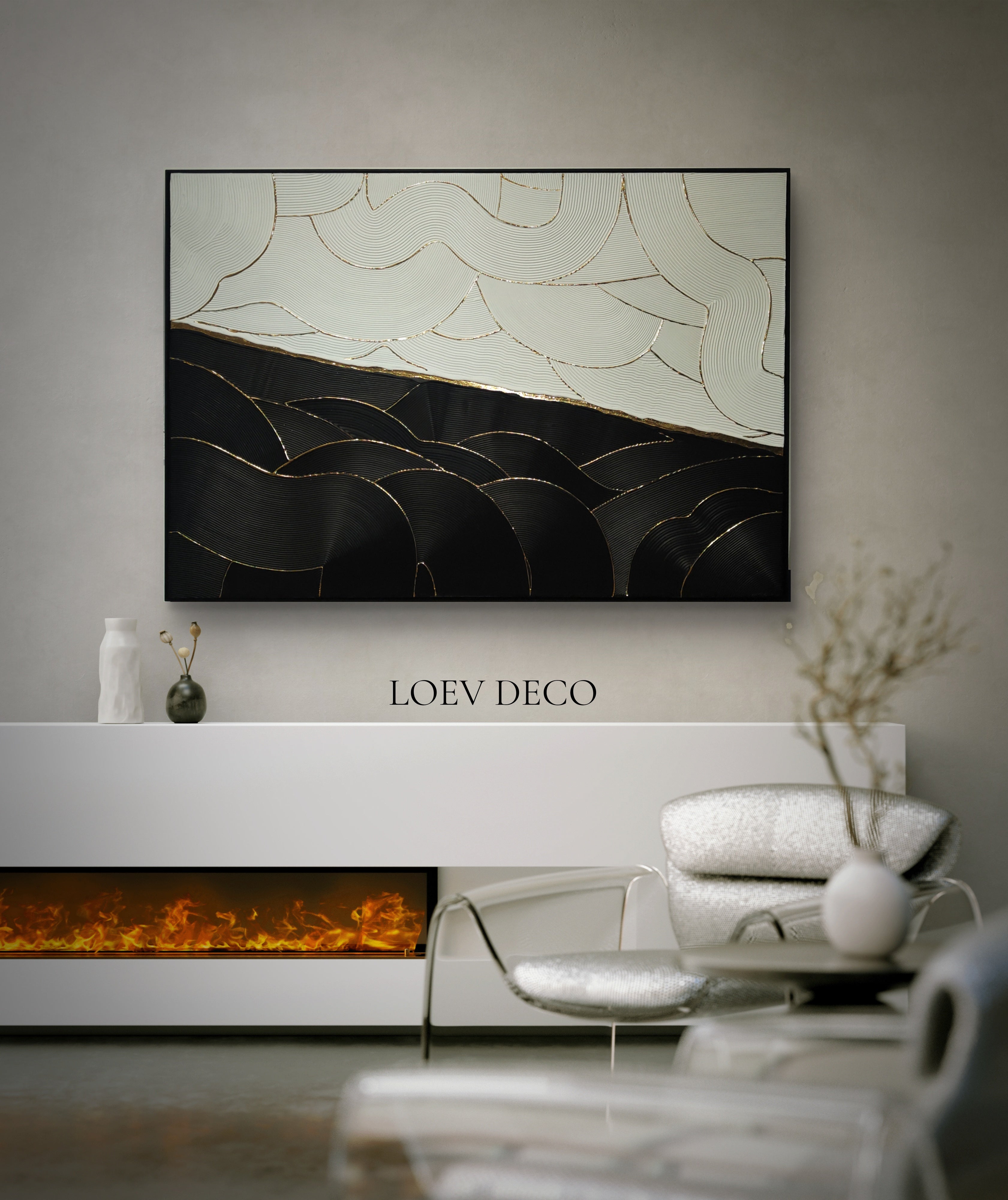 Tableau XXL Texturé Blanc Noir Feuille d'Or 116x81 cm | LOEV DECO
