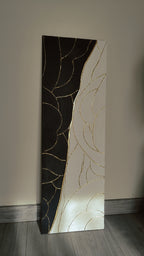 Peinture texturée panoramique noir blanc or vagues relief plâtre 30x90cm
