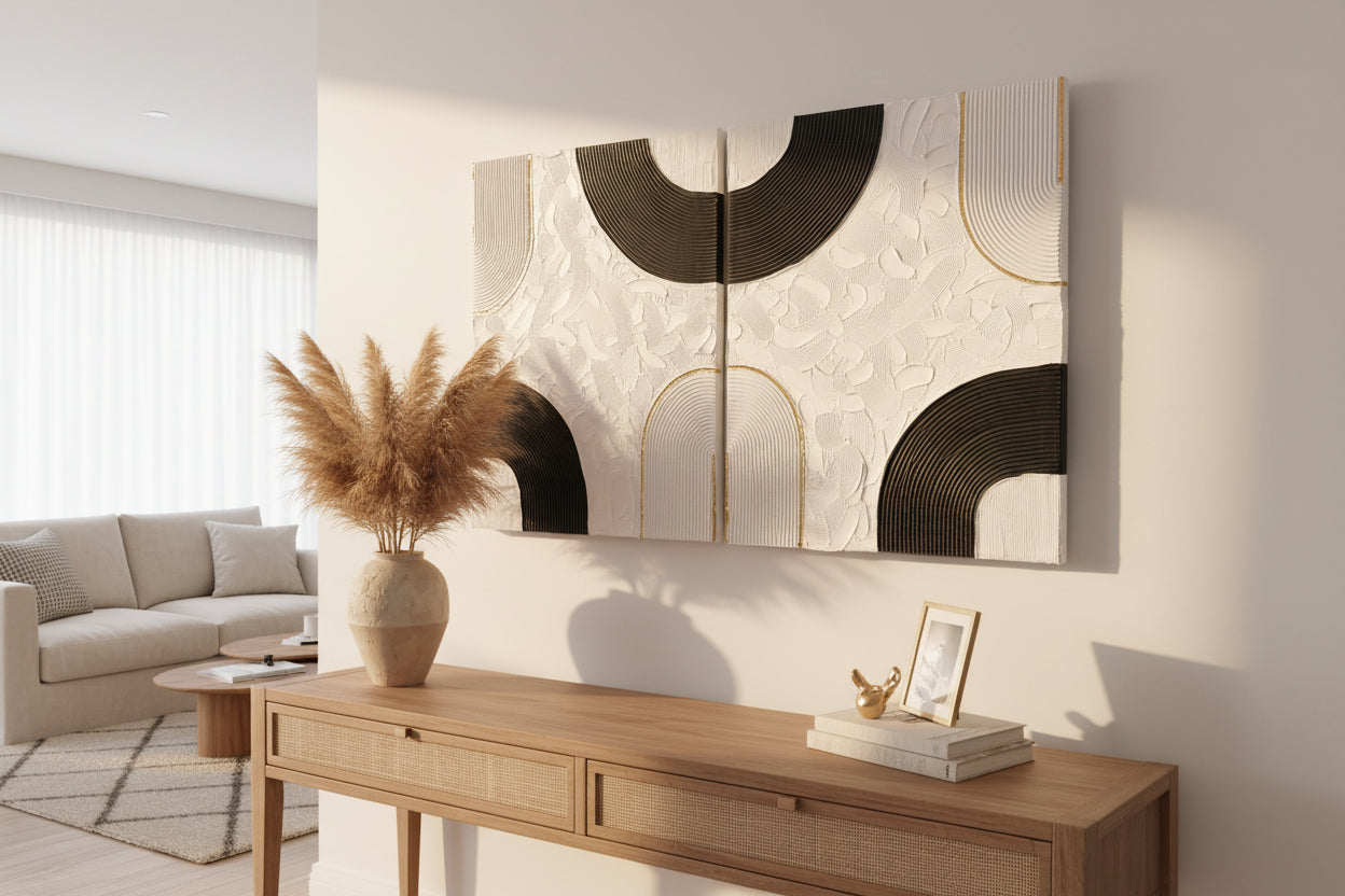 Tableau texture relief noir blanc or - Peinture plâtre artisanale fait main France - Décoration murale moderne
