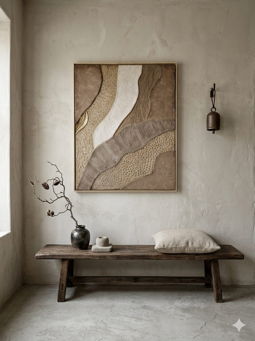 Toile Texturée Relief Brou de Noix & Or 40×50 cm - Cadre Sur Mesure Inclus