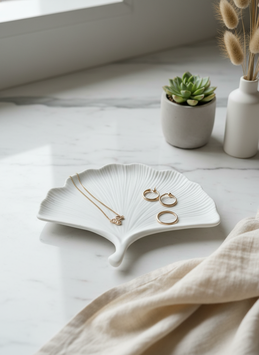 Vide-poche céramique forme feuille blanc pailleté artisanal français
