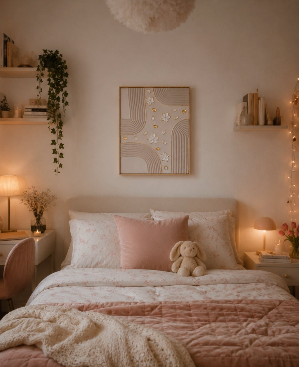 Décoration murale chambre fille, art texture fleur et arches en relief 40*50 cm fait main 