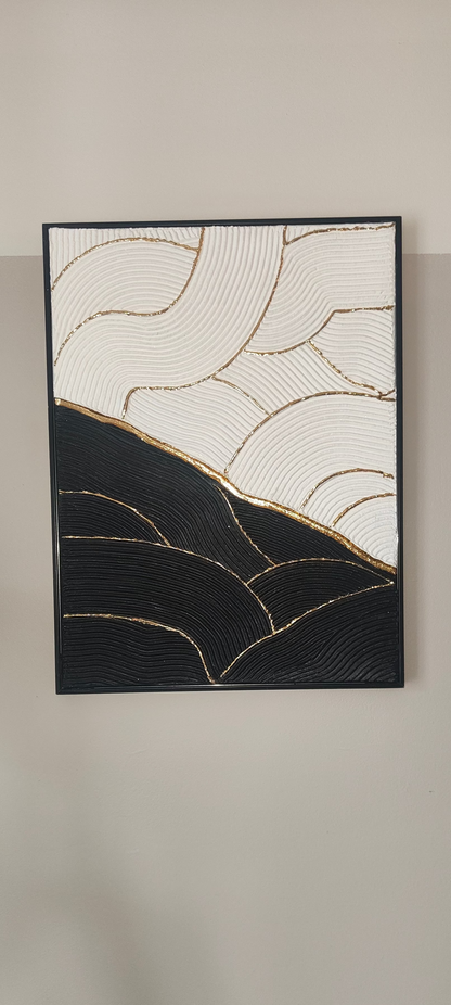 Tableau vagues noir blanc or relief artisanal 30x40cm encadré LOEV