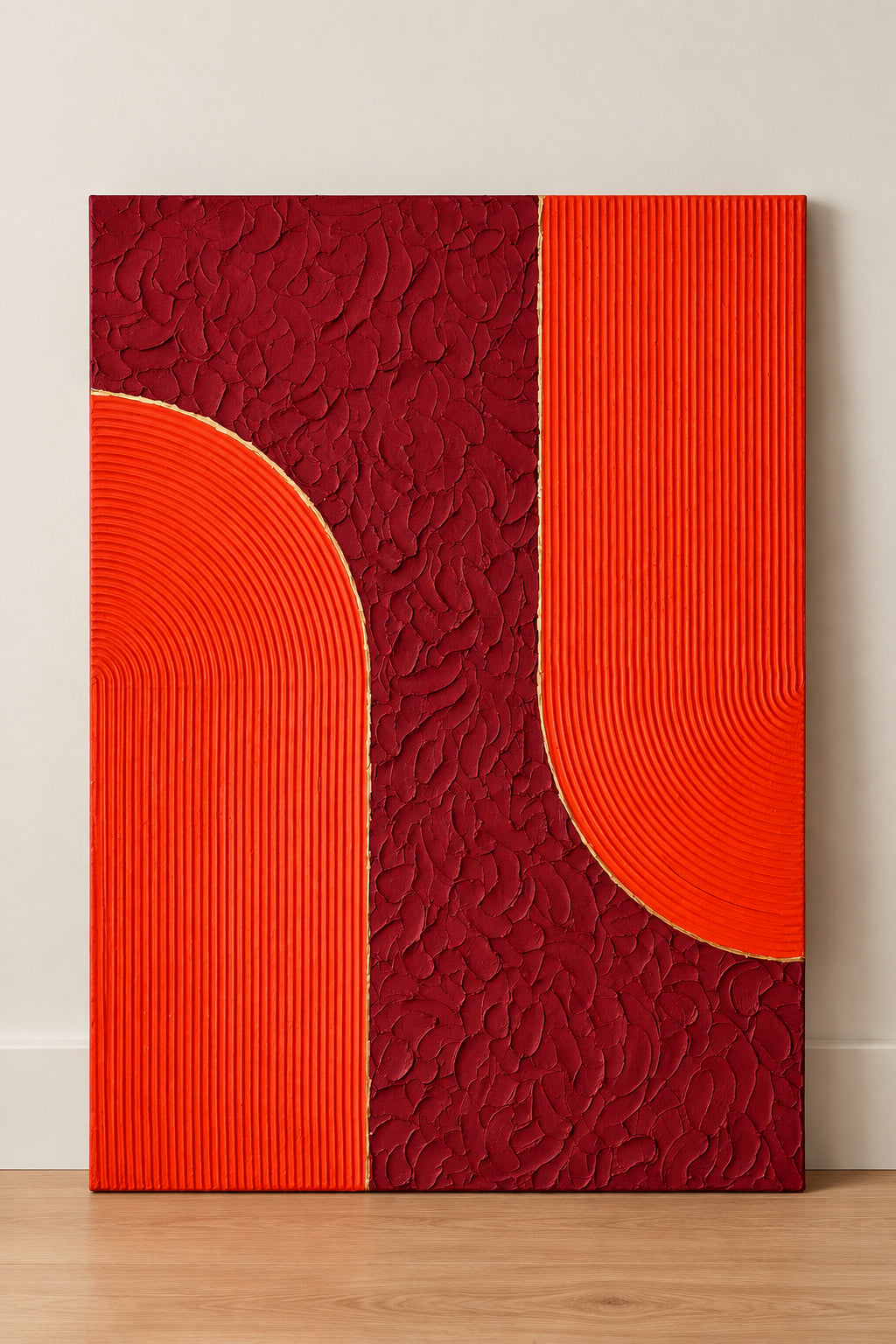 Tableau en relief bordeaux et orange, avec formes arrondies, arches striées et contours à la feuille d’or.