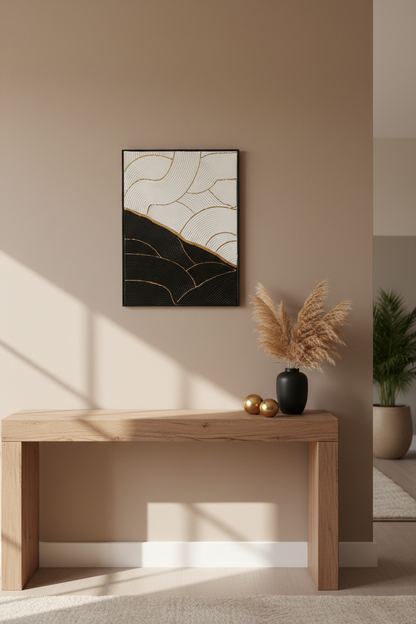 Art mural texturé noir blanc or vagues relief 30x40cm cadre inclus