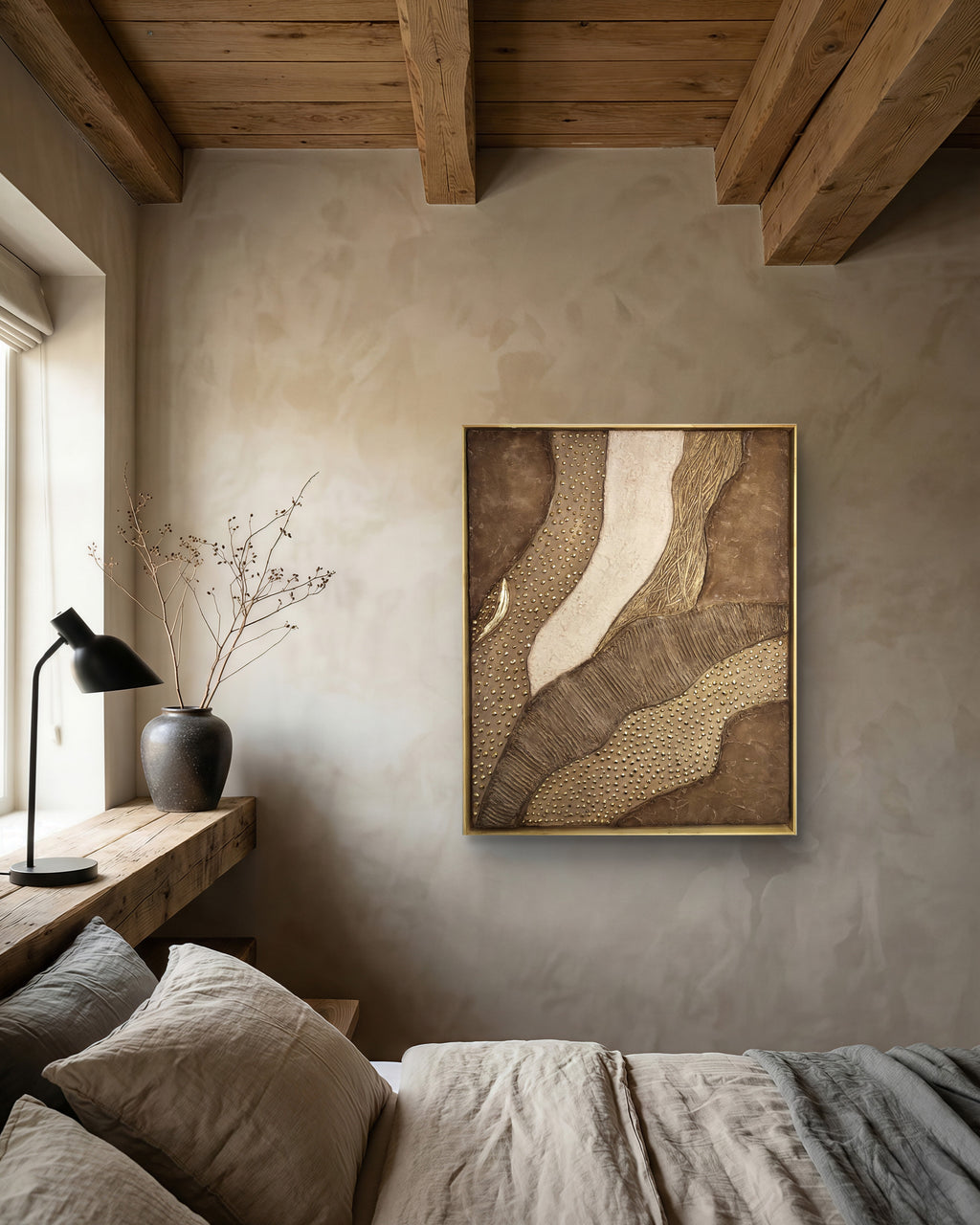 Décoration intérieure élégante - Toile texturée brou de noix or relief 40x50 cm - Art mural moderne sur mesure LOEV DECO
