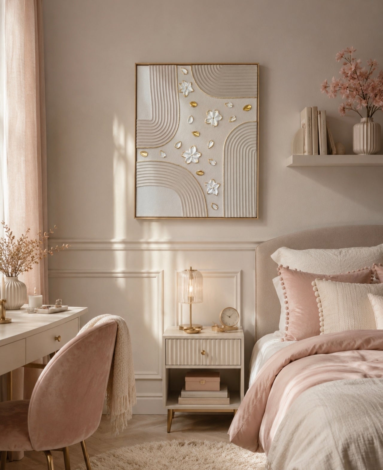 Tableau pour chambre fille, en relief, fleur texturée 40*50 cm Encadrement inclus 