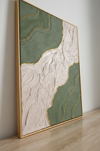 Tableau texturé fait main, relief plâtre et feuille d'or, vert kaki 40x50 cm – LOEV DECO

