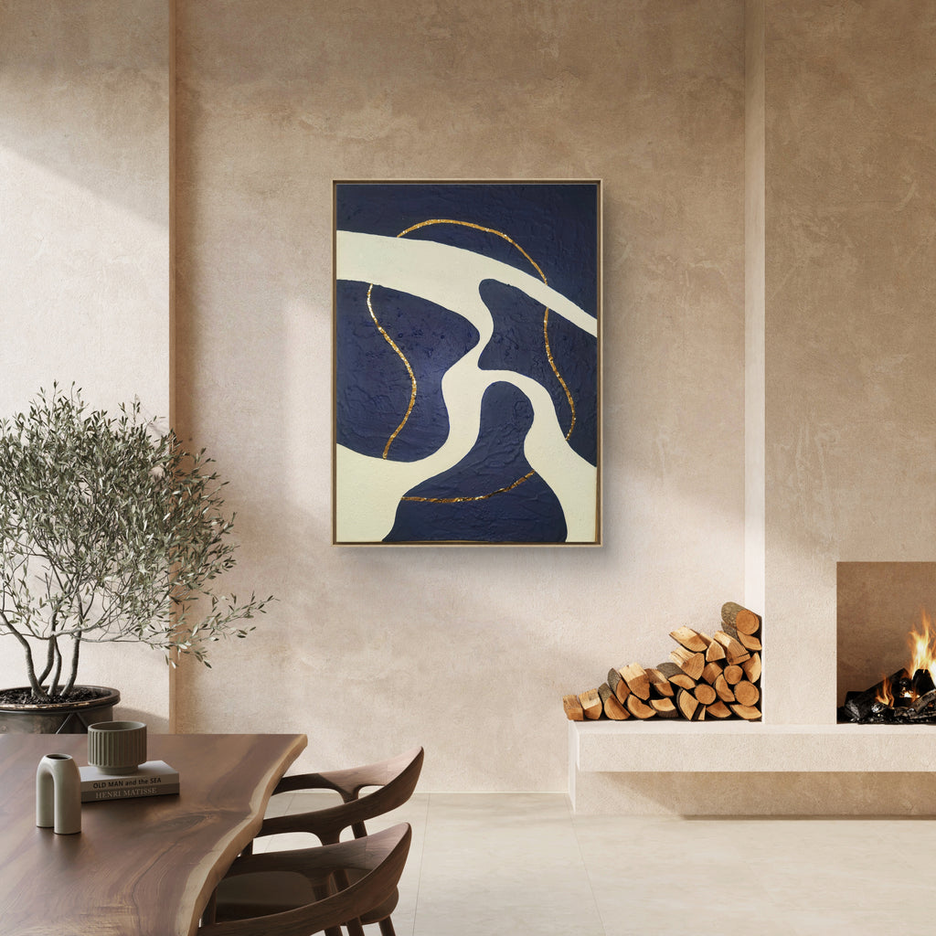 Tableau en relief bleu blanc or organique 30x40 cm - Détail texture artisanale - Décoration intérieure moderne sur mesure
