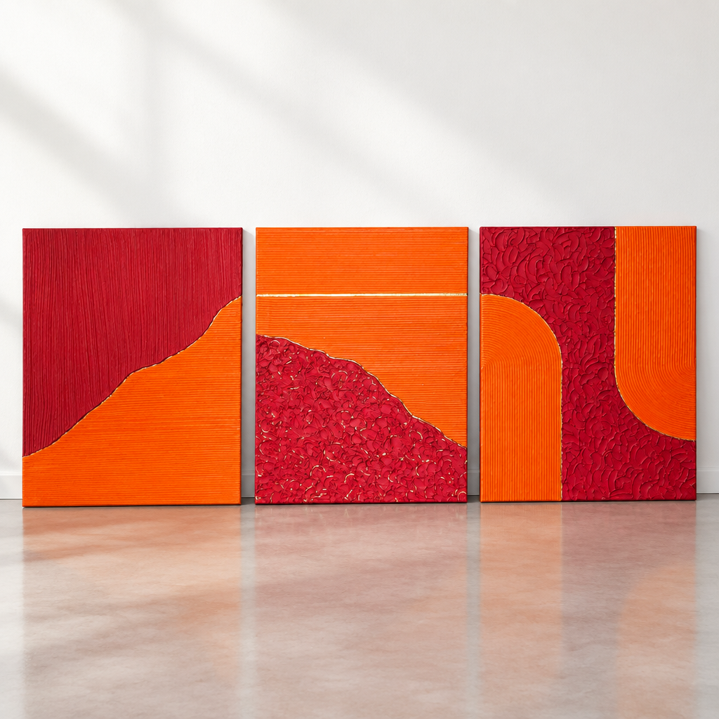 Triptyque de tableaux en relief orange et bordeaux, présenté dans une autre composition, avec motifs striés et feuille d’or.