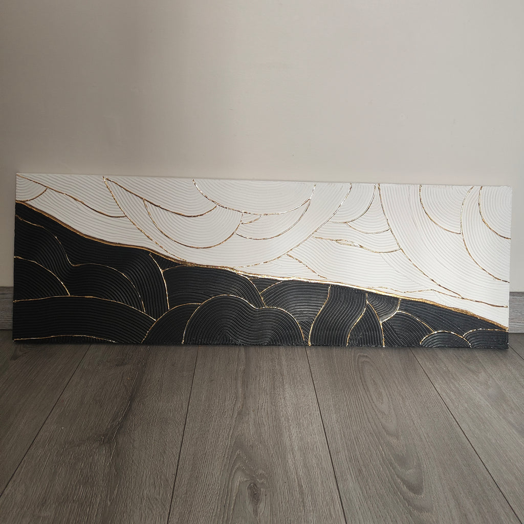 Tableau noir blanc or vagues relief 30x90cm art mural élégant orientable