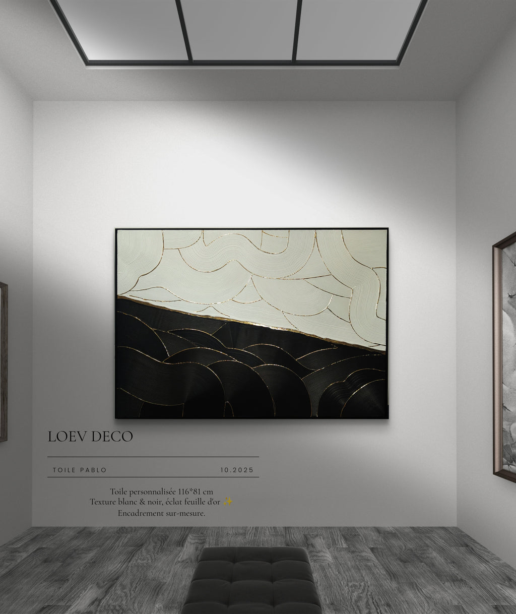 Tableau XXL Texturé Blanc Noir Feuille d'Or 116x81 cm | LOEV DECO