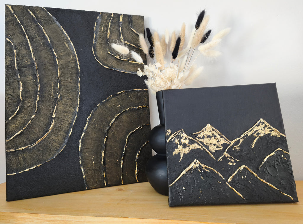 Cimes — Toile Texturée Originale montagne et or, Faite Main 20x20 cm