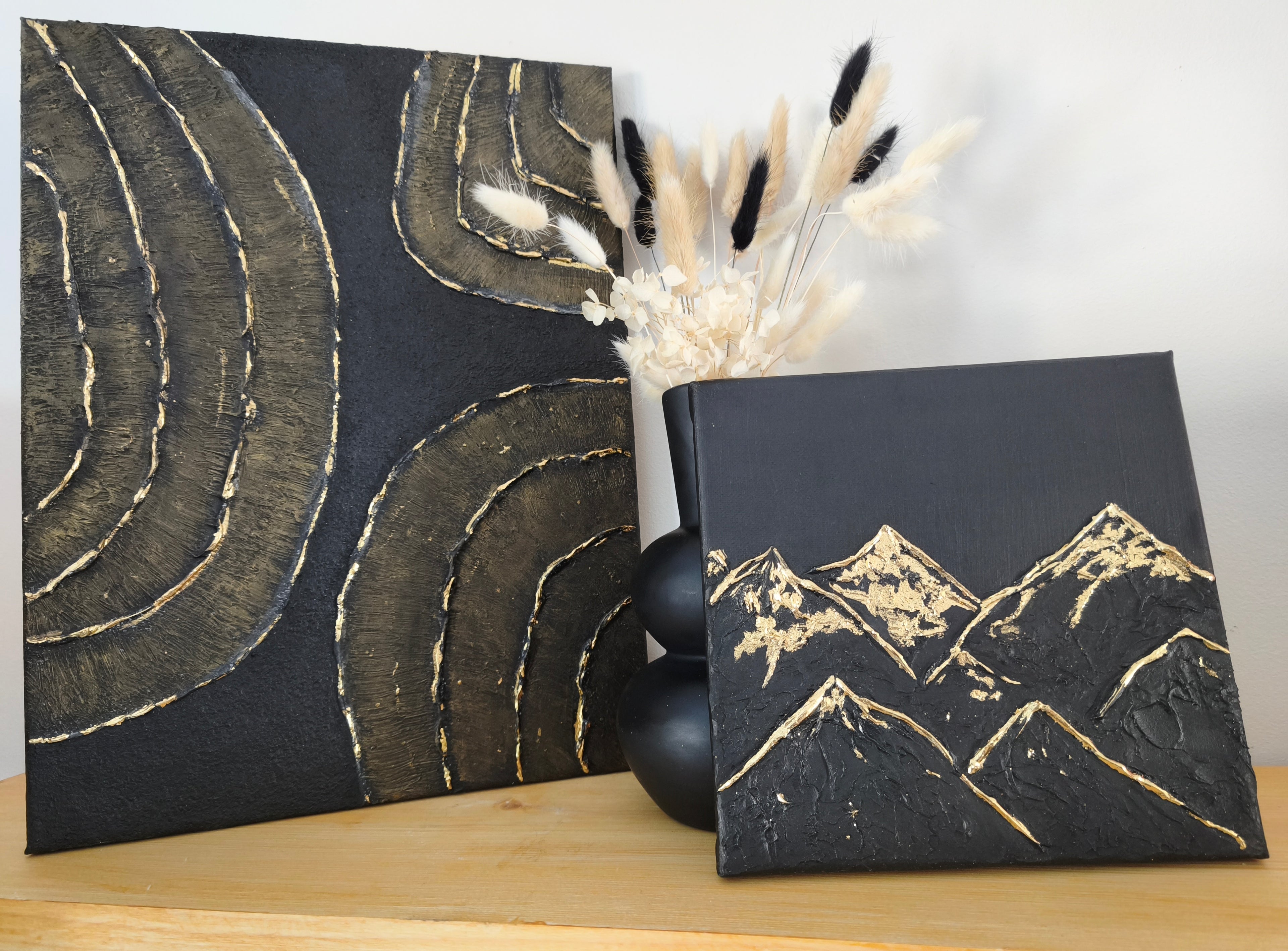 Cimes — Toile Texturée Originale montagne et or, Faite Main 20x20 cm