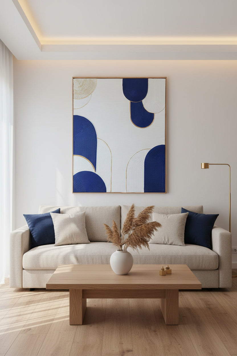 Tableau moderne en relief texture bleu blanc or encadrement sur mesure LOEV DECO 
