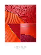 Gros plans des textures du triptyque abstrait : reliefs bordeaux, stries orange et détails à la feuille d’or.